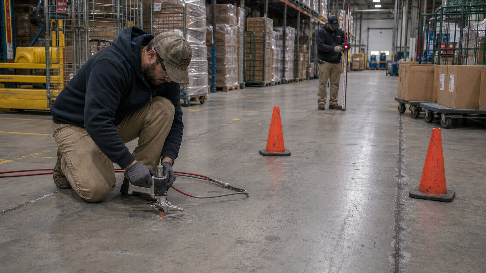 Crew using polyurethane injection equipment and elevation measuring tools in a distribution warehouse