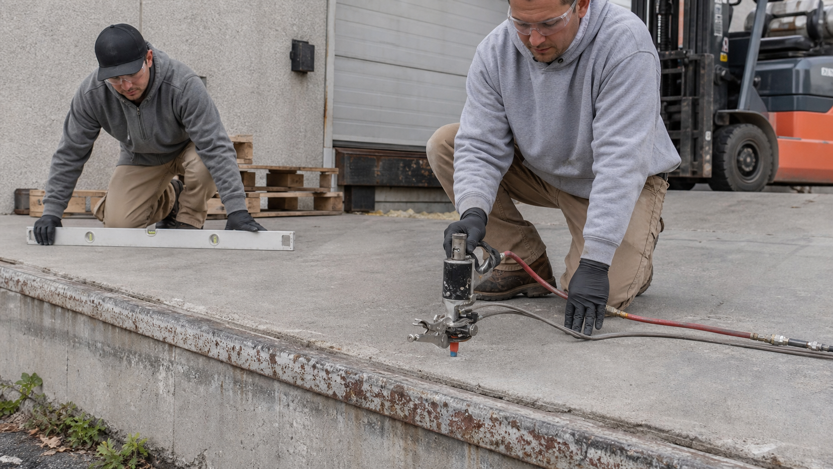 Concrete leveling crew raising a settled commercial loading dock slab and checking it with a level