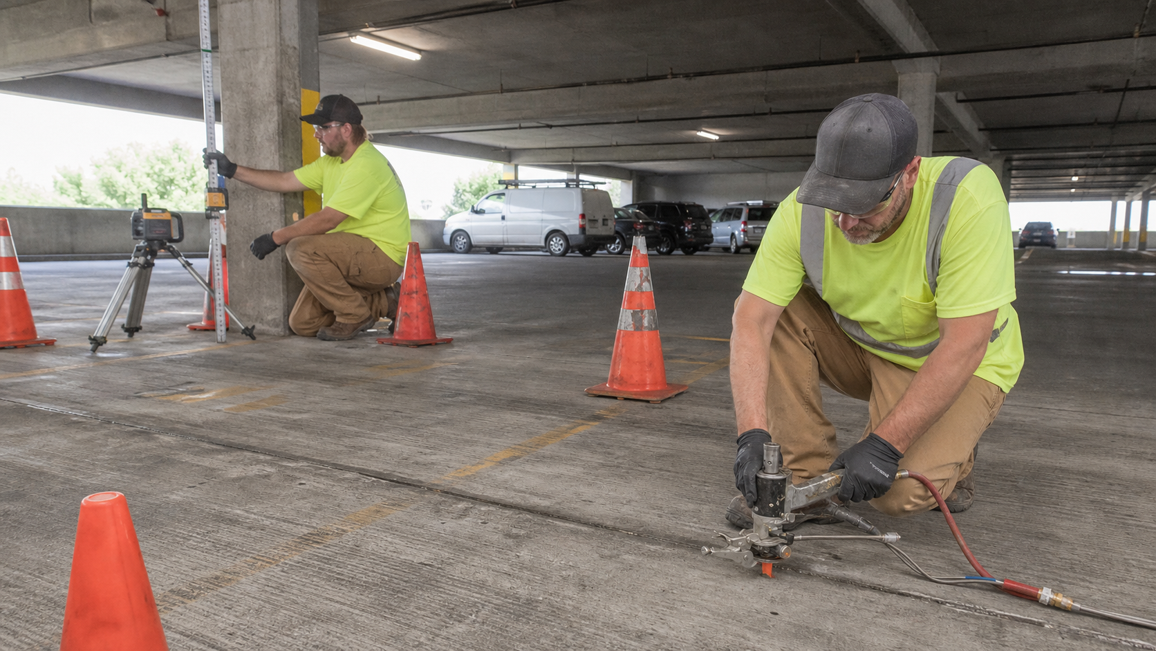 Concrete leveling crew using polyurethane injection equipment inside a commercial parking garage