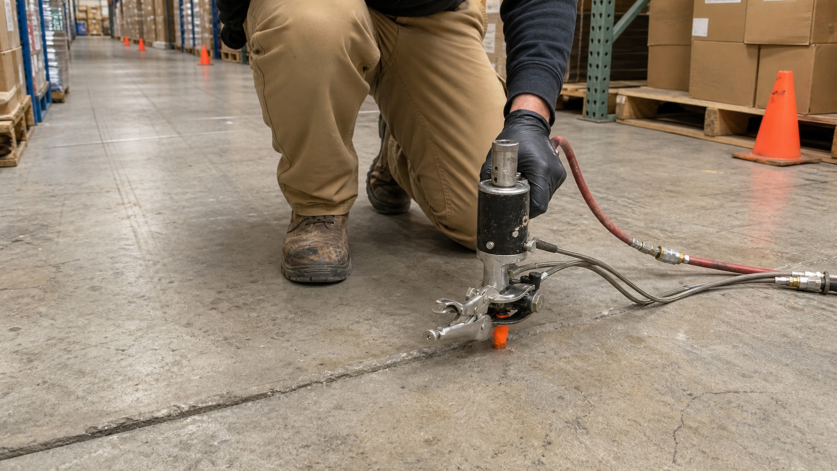 Technician using the correct compact polyurethane injection gun through a small port in a warehouse floor