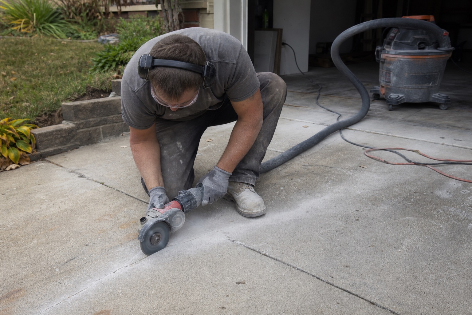Worker preparing an older driveway crack with dust-control equipment before sealing