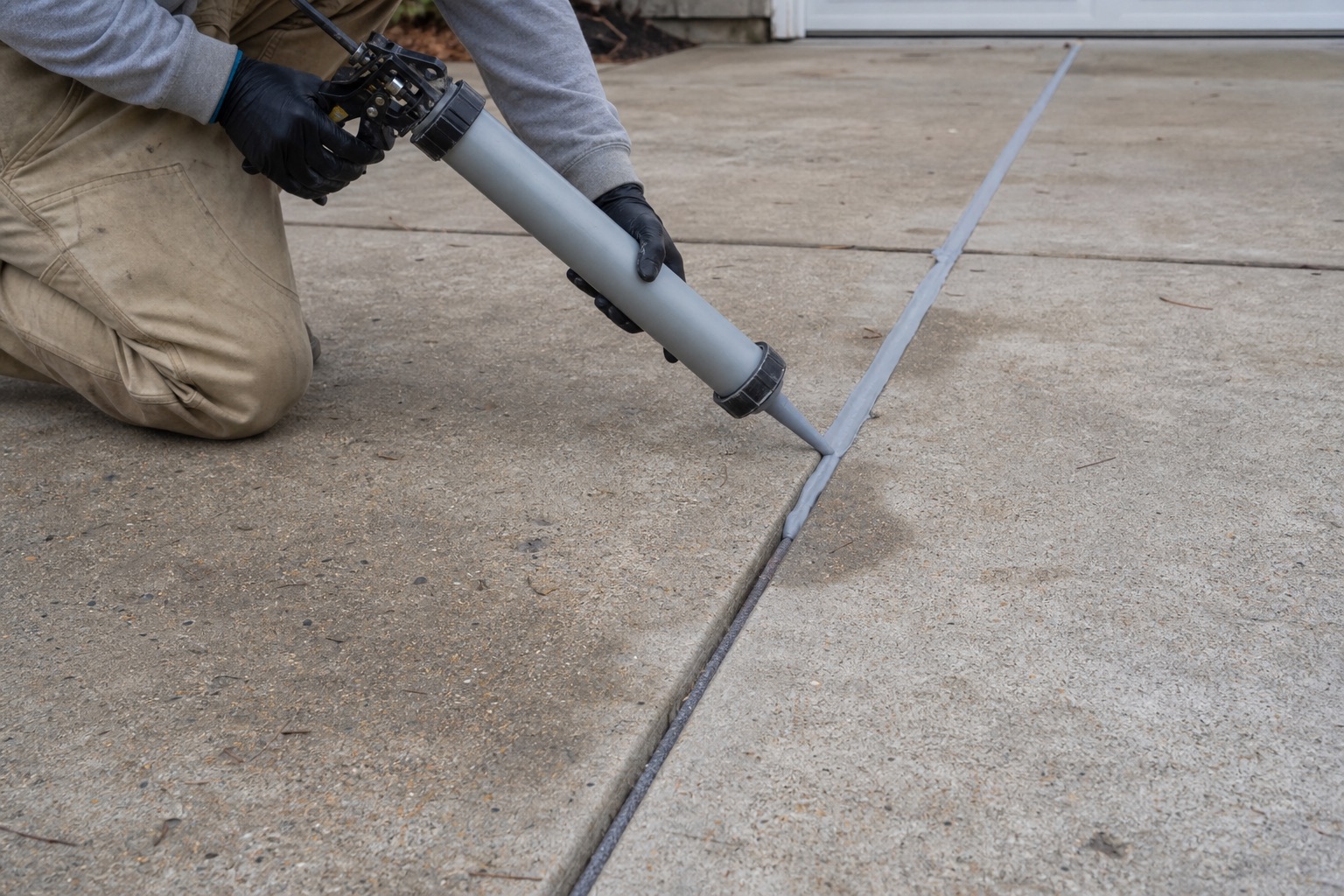 Worker applying flexible gray concrete joint sealant to a residential driveway