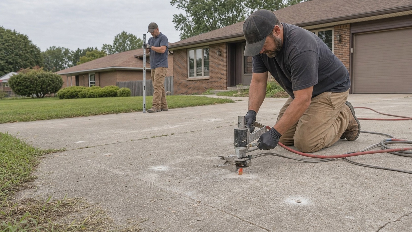 Metro Wide concrete leveling crew working on a residential driveway