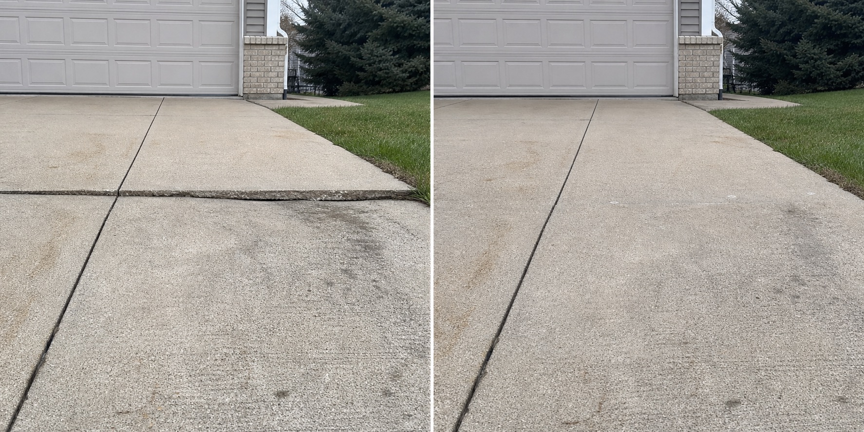 Before and after comparison of a sunken driveway slab raised level with the adjoining concrete