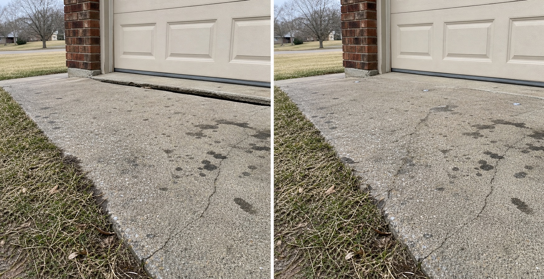 Before and after example of a settled driveway approach raised toward the garage floor