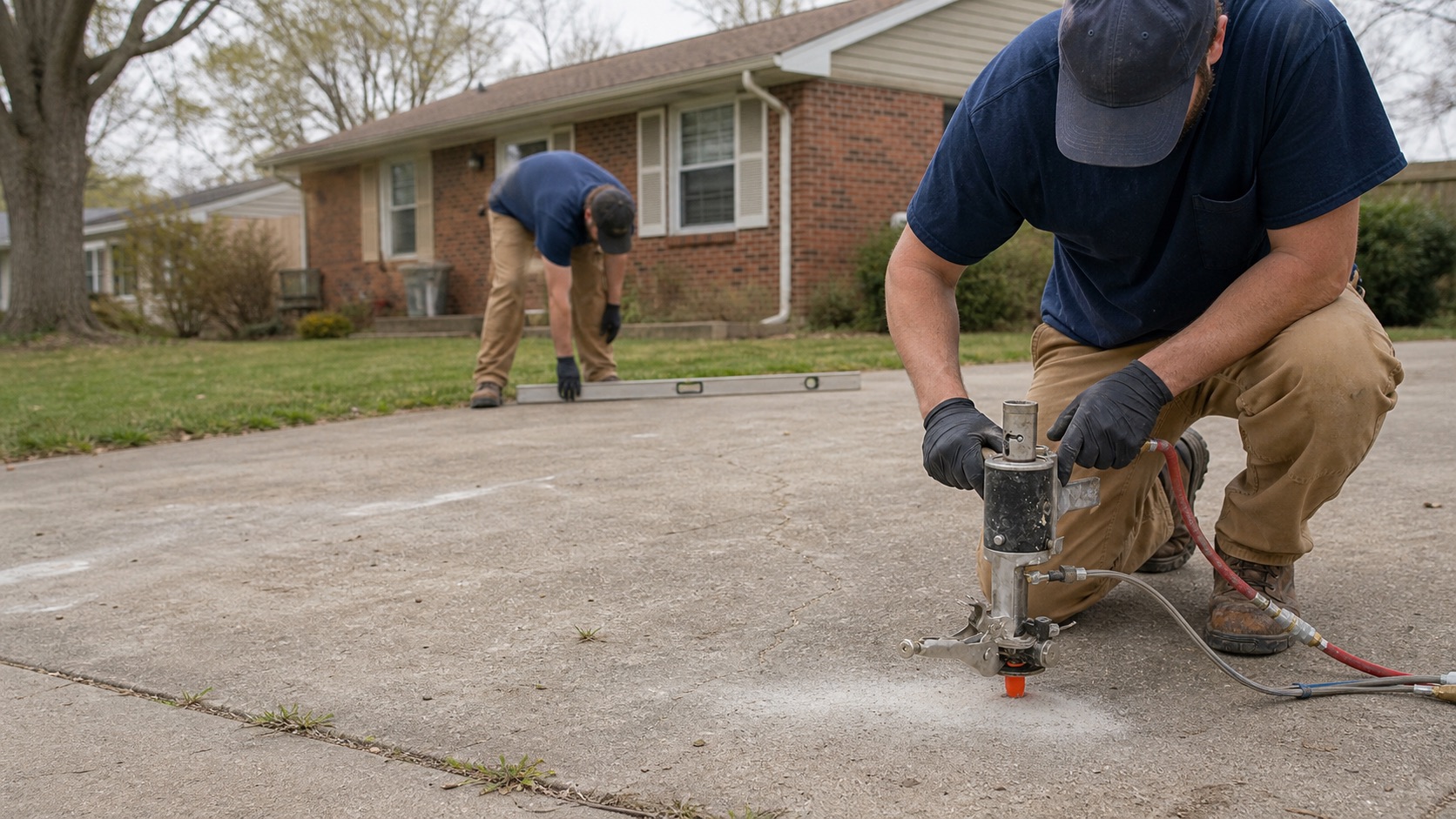 Concrete leveling crew lifting a settled residential driveway with polyurethane equipment
