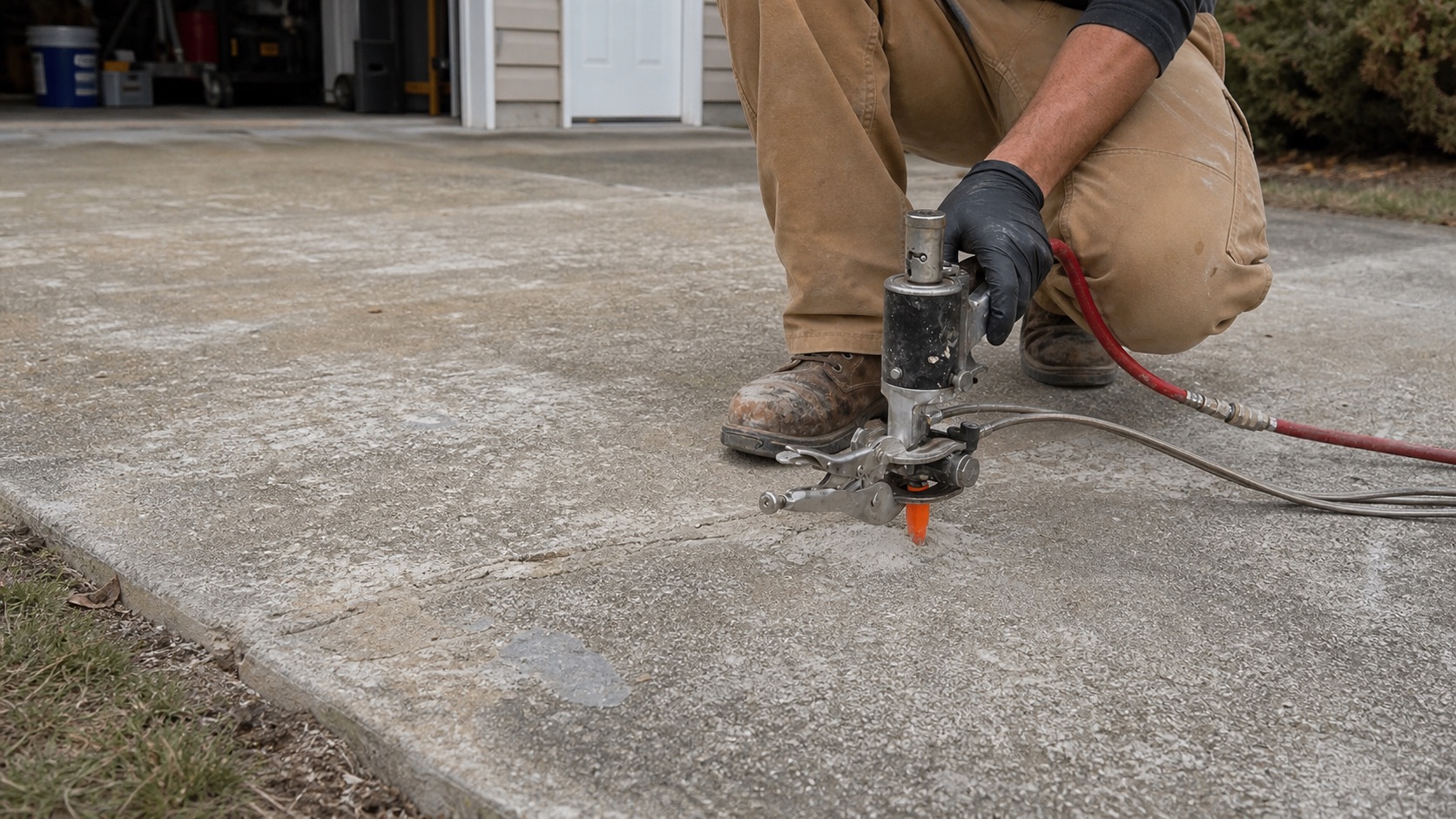 Technician using a polyurethane injection gun through a small port in an older concrete driveway