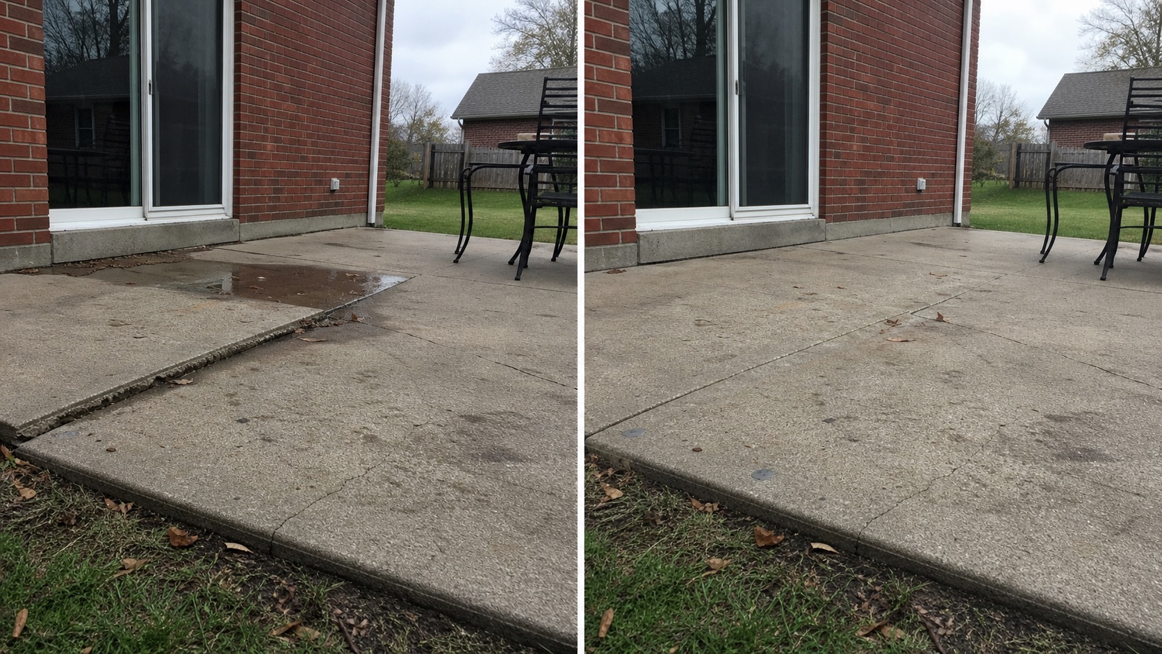 Before and after comparison of a settled backyard patio panel raised with concrete leveling