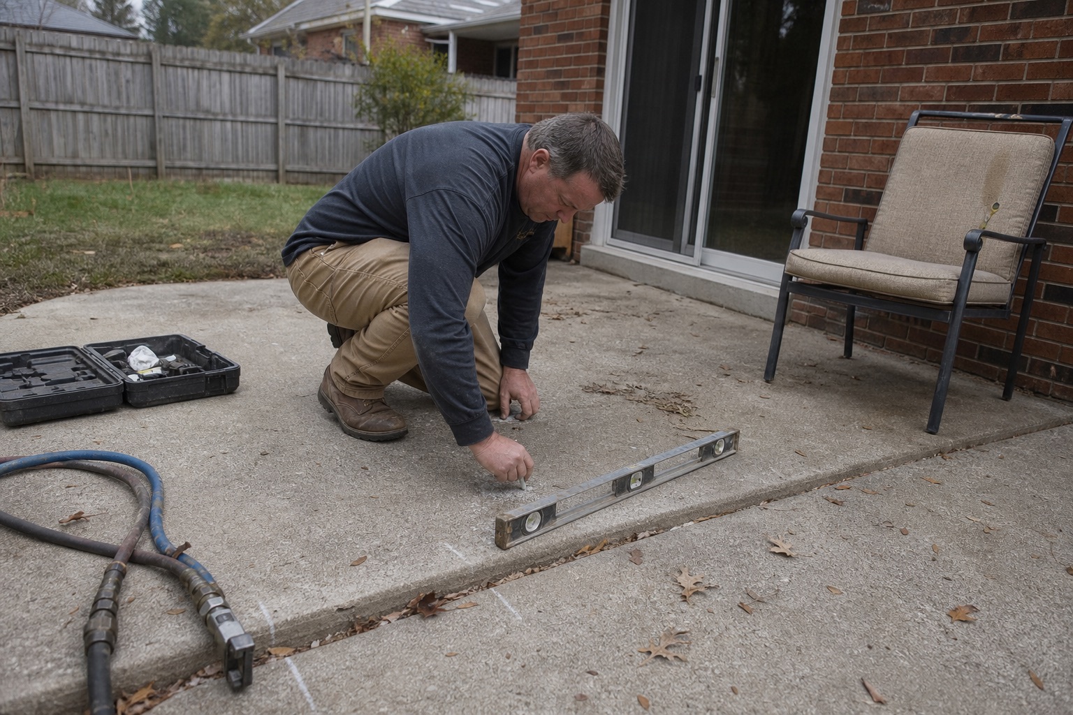 Contractor inspecting a settled backyard concrete patio