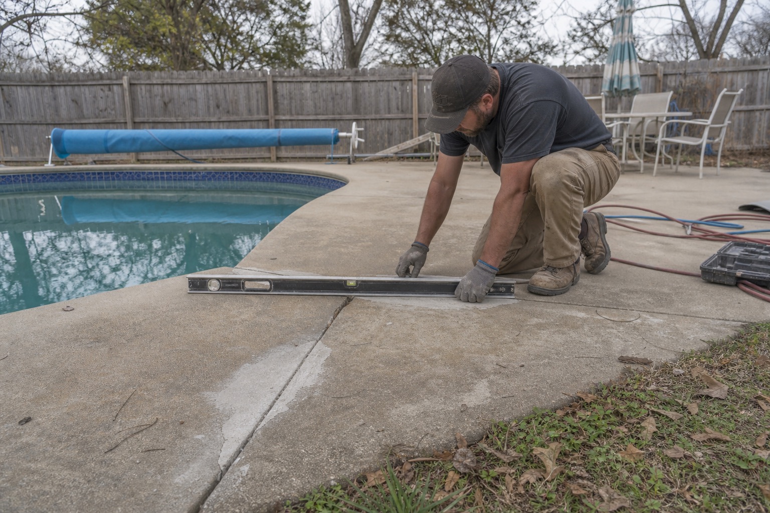Contractor checking an uneven residential concrete pool deck