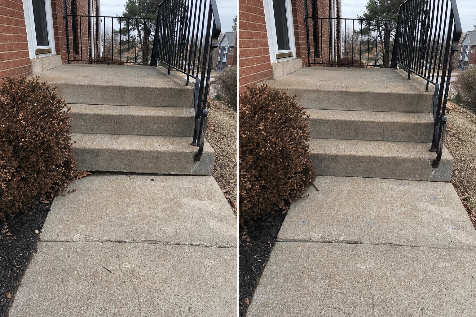 Before and after view of a settled concrete landing and steps