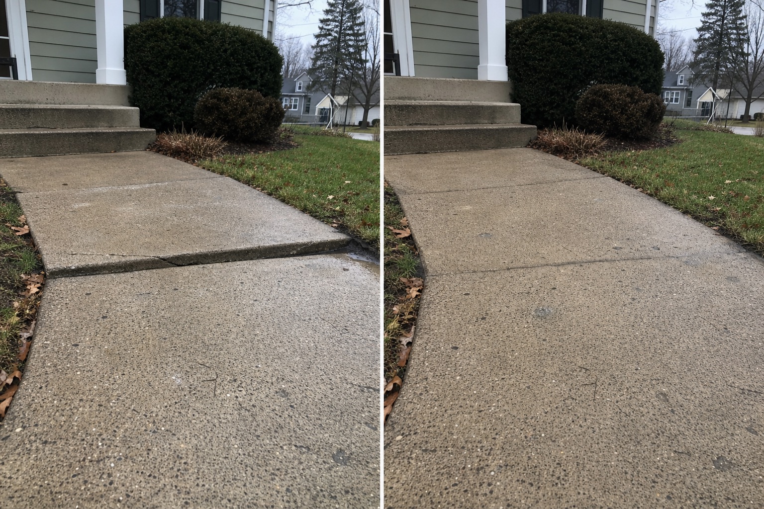 Before and after comparison of a sidewalk trip hazard corrected with concrete leveling