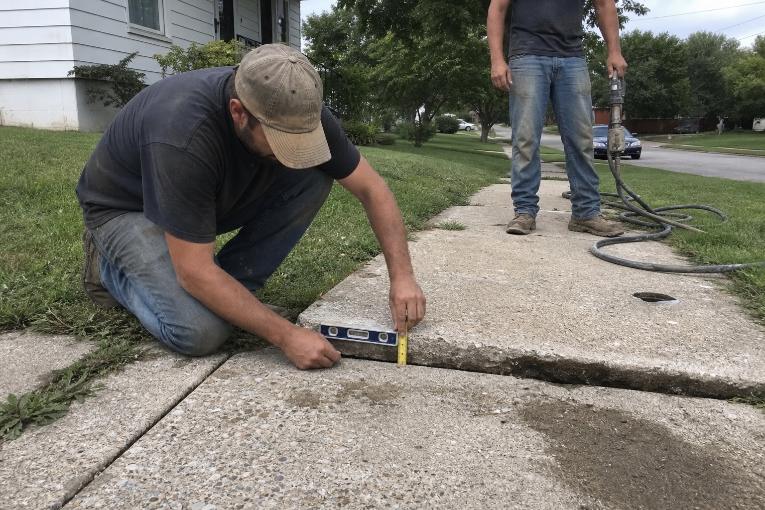 Contractor measuring an uneven residential sidewalk before concrete leveling