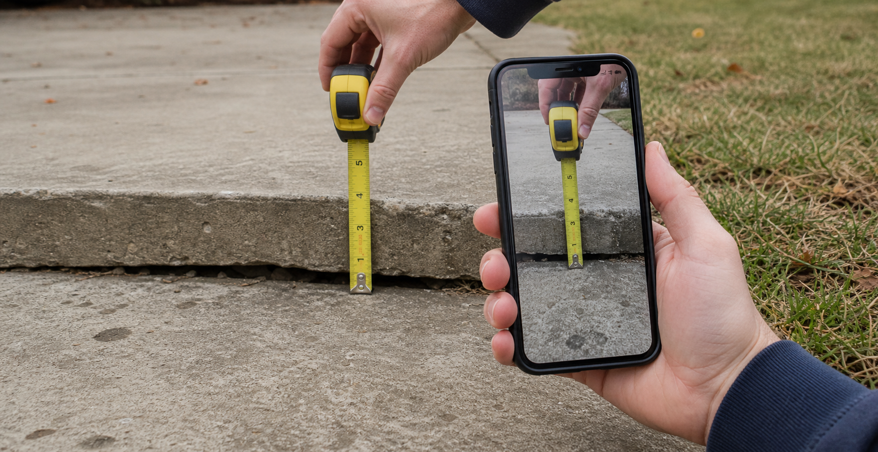 Customer photographing a tape measure at an uneven concrete joint for a virtual estimate