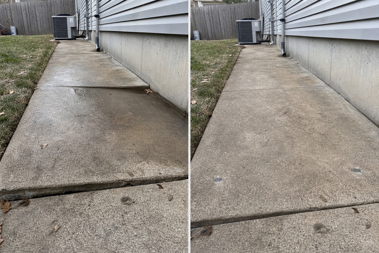 Before and after comparison of a tilted walkway panel raised away from a home foundation